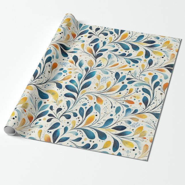 Navy Teal Amber Botanical Leaf Pattern Wrapping Paper (Unrolled)