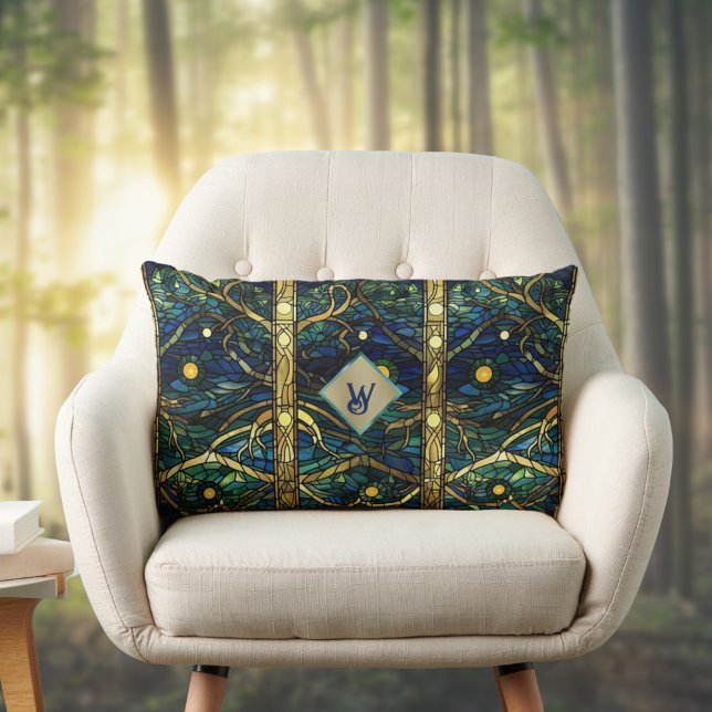 Navy Teal and Gold Moonlight Forest with Monogram Lumbar Cushion (Creator Uploaded)