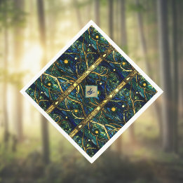 Navy Teal and Gold Moonlight Forest with Monogram Napkin