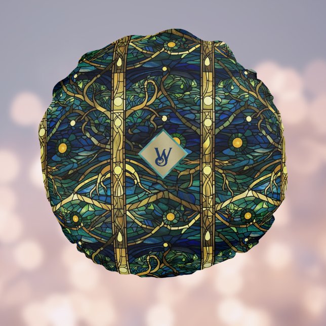Navy Teal and Gold Moonlight Forest with Monogram Round Cushion (Creator Uploaded)