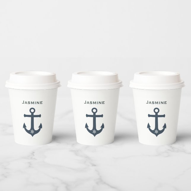 Navy teal blue anchor nautical design  personalise paper cups (Multi)