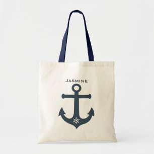 Navy teal blue anchor nautical design personalise tote bag