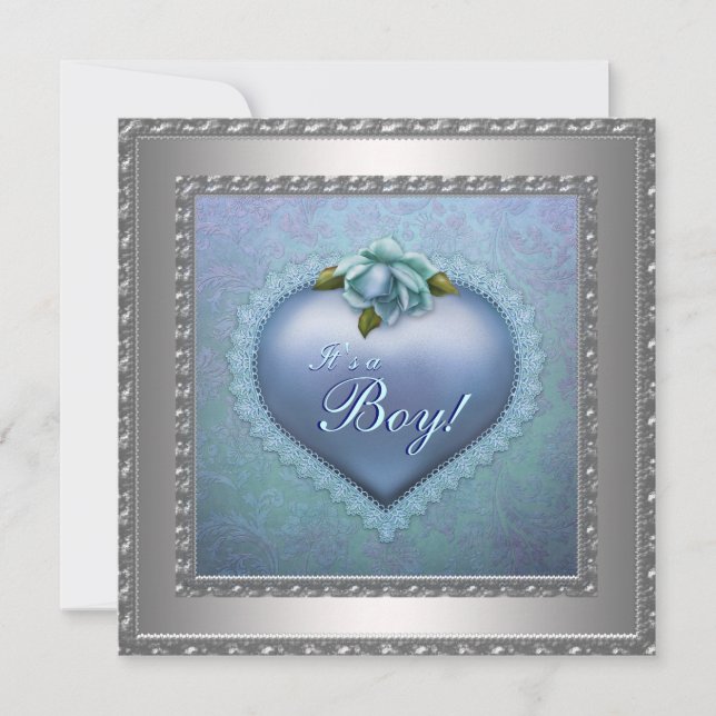 Navy Teal Blue Damask Baby Boy Shower Invitation (Front)