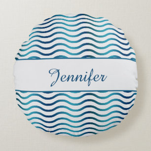 Navy & Teal Blue Gradient Waves Coastal Decor Round Cushion
