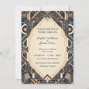 Navy Teal Gold Art Deco Wedding Invitation