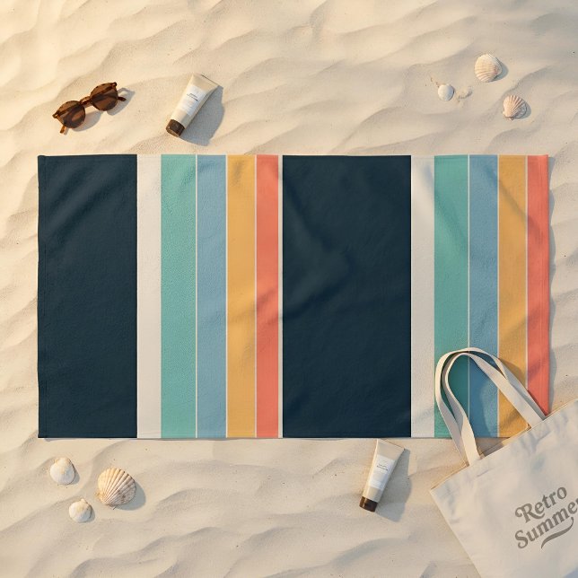 Navy Teal & Gold Retro Stripe 70s Modern Style Beach Towel (Creator Uploaded)