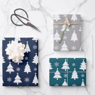 Navy, Teal & Silver Winter Christmas Tree Pattern Wrapping Paper Sheet