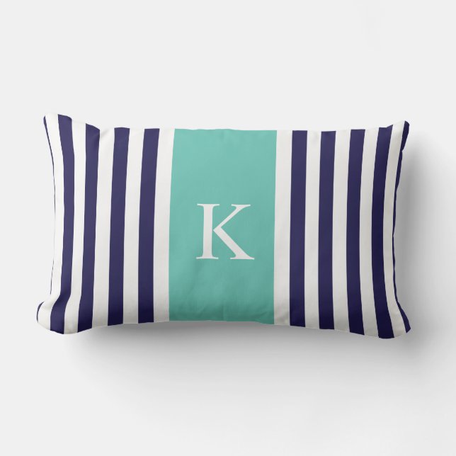 Navy Teal Stripes Monogram Lumbar Cushion (Front)