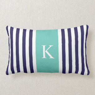 Navy Teal Stripes Monogram Lumbar Cushion