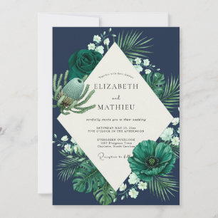 Navy Teal Tropical Eucalyptus Wedding Invitation