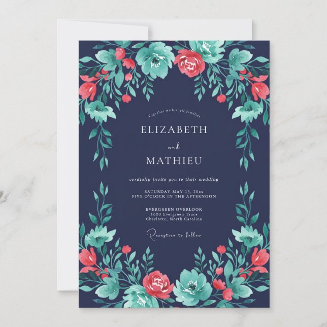 Navy Teal Vibrant Botanical Wedding Invitation (Front)