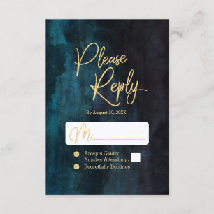 Navy Teal Watercolor & Gold Wedding Reply RSVP