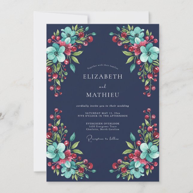 Navy Teal Watercolor Winter Wedding Invitation (Front)