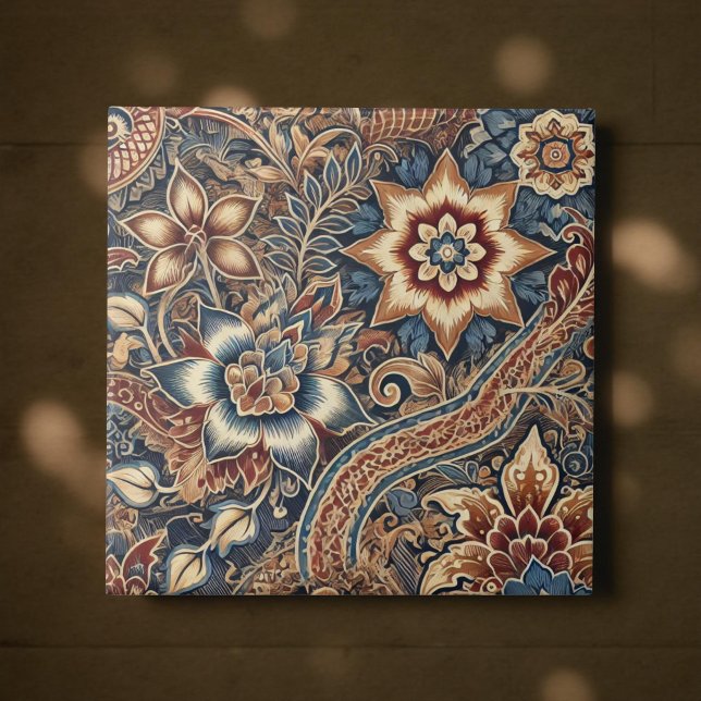 Navy Terracotta Batik Boho Watercolor Floral Ceramic Tile (Creator Uploaded)