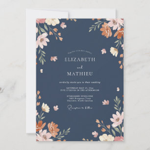 Navy Terracotta Blossom Wedding Invitation