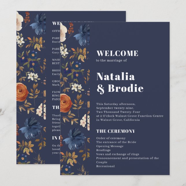Navy Terracotta Boho Wedding Program (Front/Back)