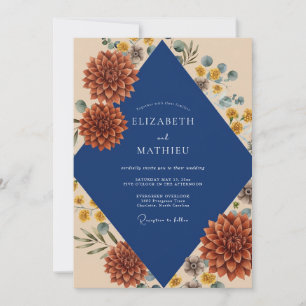 Navy Terracotta Dahlia Wedding Invitation