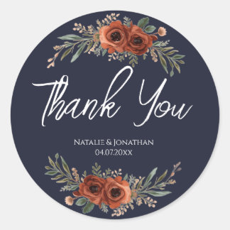 Navy Terracotta Floral Boho Wedding  Classic Round Sticker
