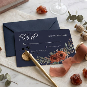 Navy Terracotta Floral Boho Wedding RSVP Card