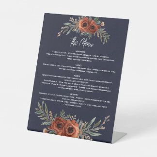 Navy Terracotta Floral Menu, Boho Pedestal Sign