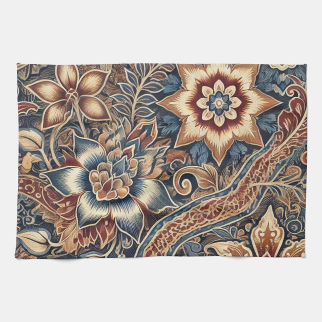 Navy Terracotta Indonesia Batik Floral Boho Rustic Tea Towel (Horizontal)