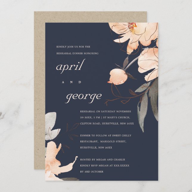 NAVY TERRACOTTA RED FLORAL REHEARSAL DINNER INVITE (Front/Back)