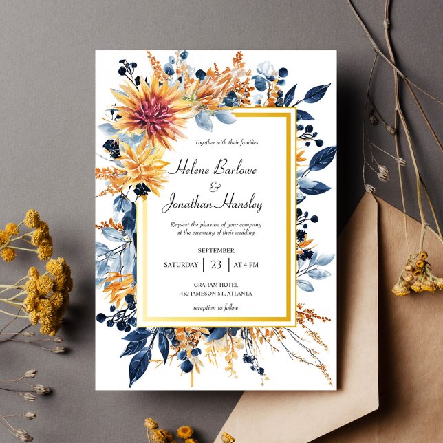 Navy Terracotta Rust Elegant Floral Rustic Wedding Invitation (Navy Terracotta Rust Elegant Floral Rustic Wedding Invitation)