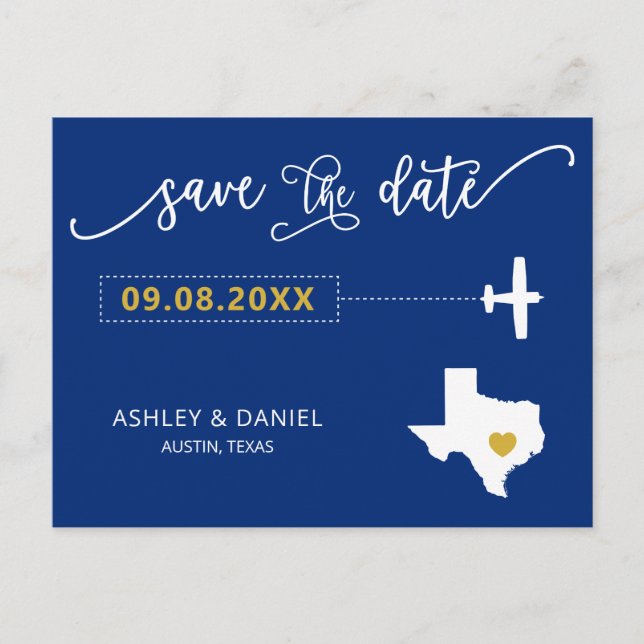 Navy Texas Wedding Save the Date Map Postcard (Front)