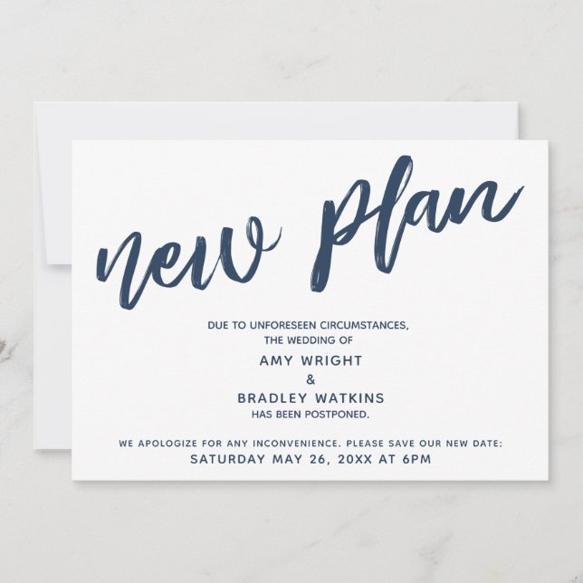 Navy Text Postponed Wedding Announcement New Plan (Front)