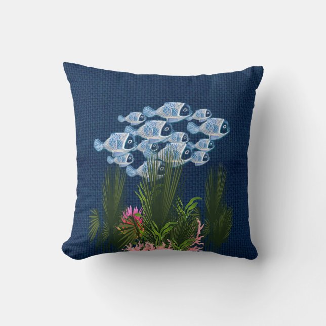 Navy Textured,Fish,Pink-Coral Cushion (Front)