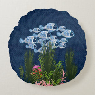 Navy Textured,Fish,Pink-Coral Round Cushion