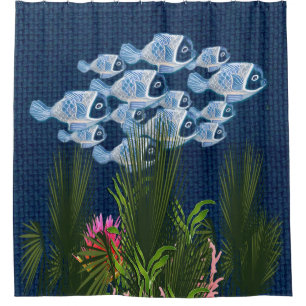 Navy Textured,Fish,Pink-Coral Shower Curtain