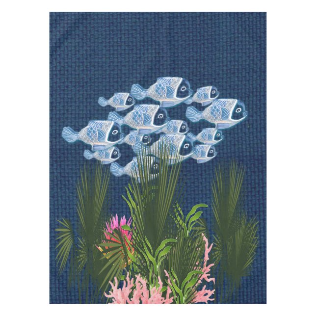 Navy Textured,Fish,Pink-Coral Tablecloth (Front)