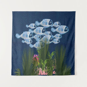 Navy textured, fish, Pink-coral Tapestry