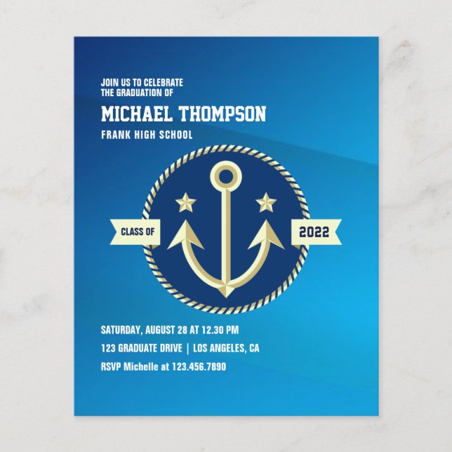 Navy themed Graduation Party Photo Invitation Flyer (Front)