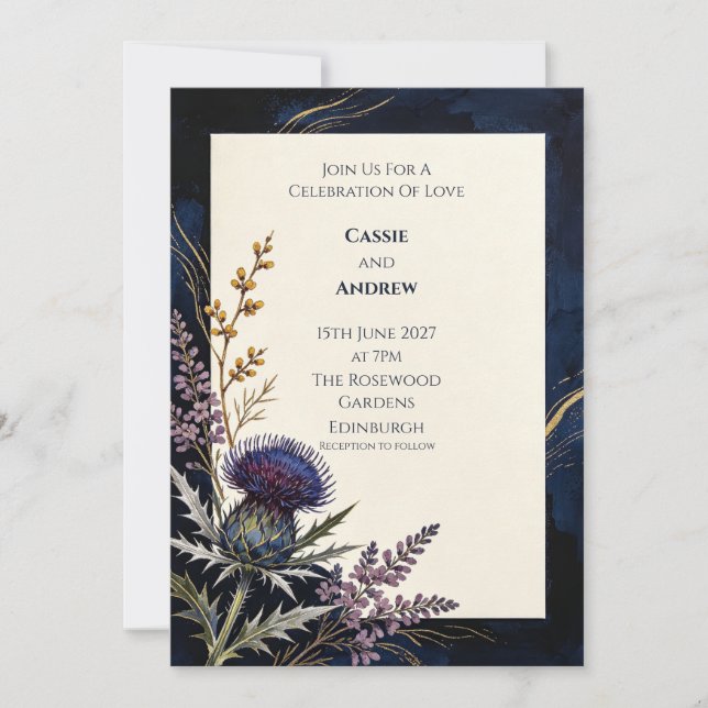 Navy Thistle Copper Wedding Invitation (Front)