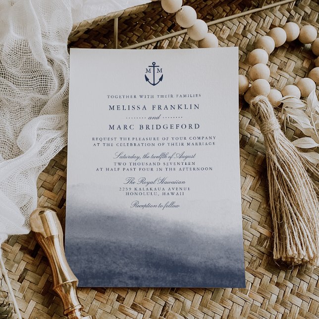 Navy Tides Anchor Monogram Wedding Invitation (Creator Uploaded)