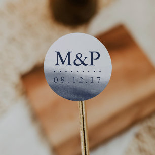 Navy Tides Wedding Monogram Classic Round Sticker