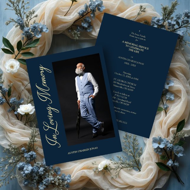Navy Traditional Elegant Golden Effect Photo Invitation (Navy Traditional & Elegant Golden Effect Photo Funeral Dear Ones Invitation with Envelope.)