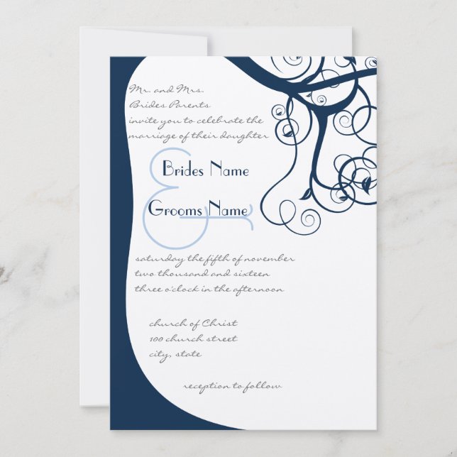 Navy Tree Swirls  Wedding Invitation (Front)