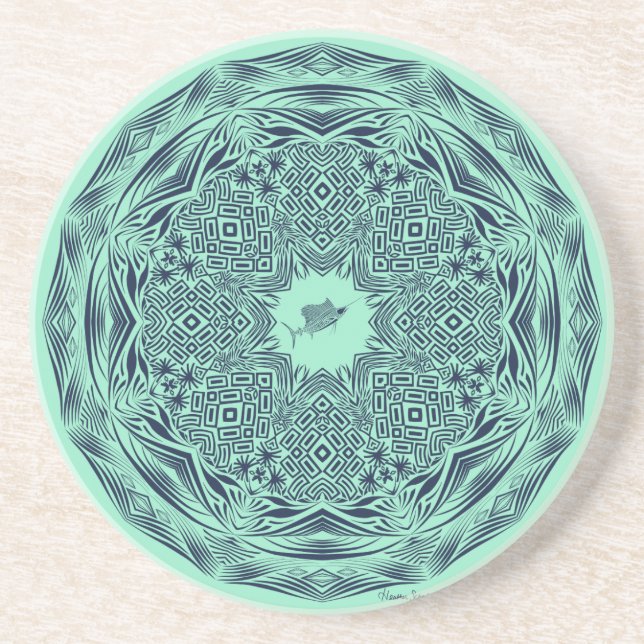 Navy Tribal Sailfish Mandala on Mint Coaster (Front)
