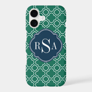 Navy Triple Monogram Emerald Quatrefoil Pattern