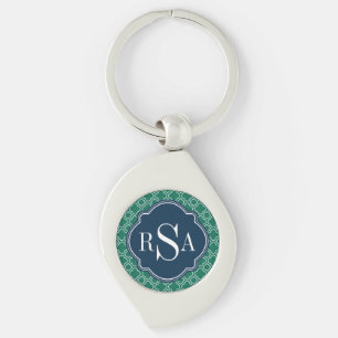 Navy Triple Monogram Emerald Quatrefoil Pattern Key Ring