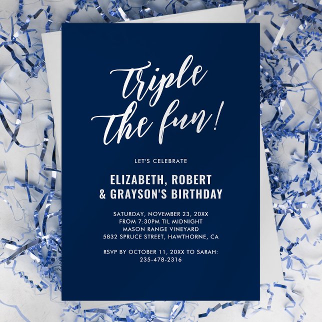 Navy Triple the Fun Birthday Invitation (Creator Uploaded)
