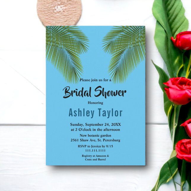 Navy Tropical Palm Beach Destination Bridal Shower Invitation (Creator Uploaded)