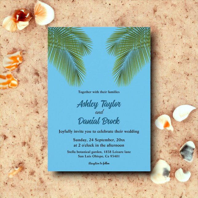 Navy Tropical Palm Blue Beach Destination Wedding Invitation (Creator Uploaded)