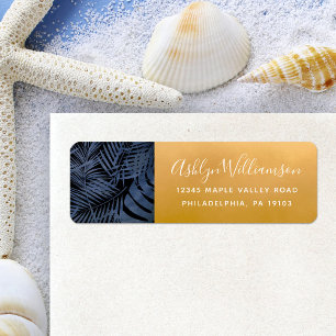 Navy tropical palm leaf modern script gold address return address label