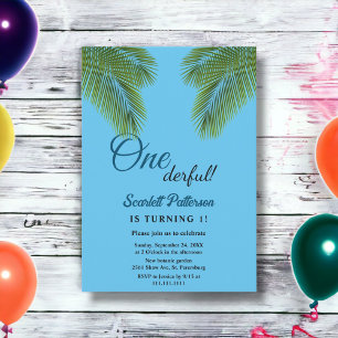 Navy Tropical Palm Leaves Green Beach 1st Birthday Invitation