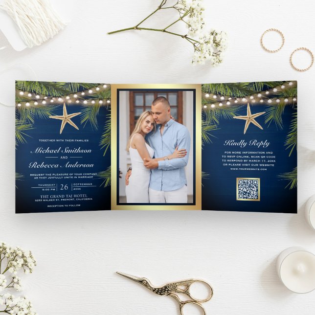 Navy Tropical Palm Leaves Starfish QR Code Wedding Tri-Fold Invitation (Creator Uploaded)