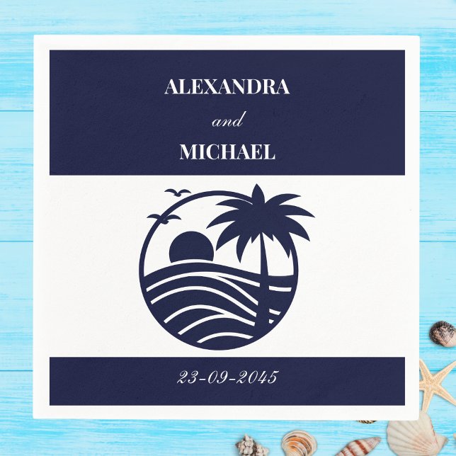 Navy Tropical Palm Tree Coastal Wedding Napkin (Creator Uploaded)
